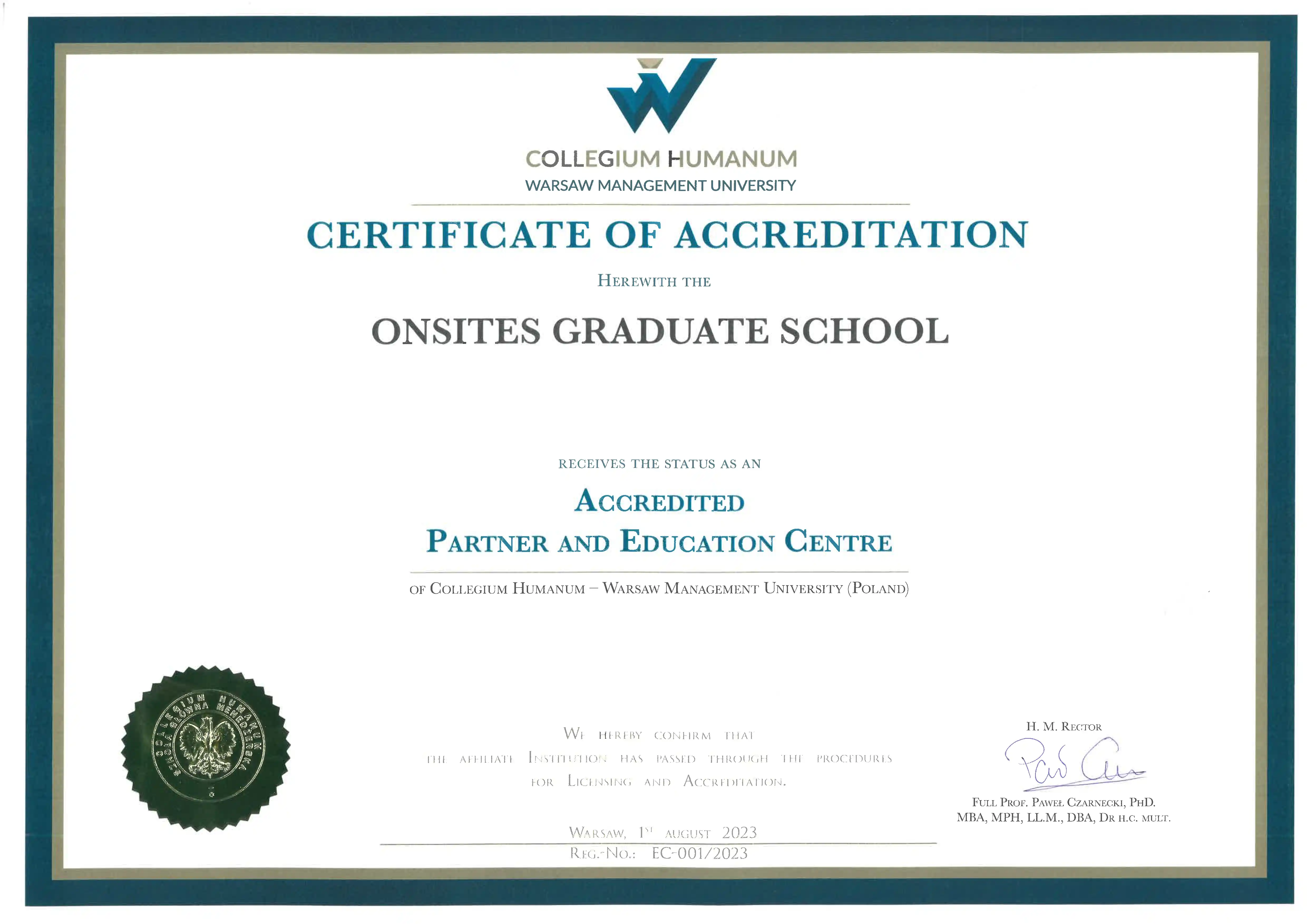 Onsites Graduate School certificate.